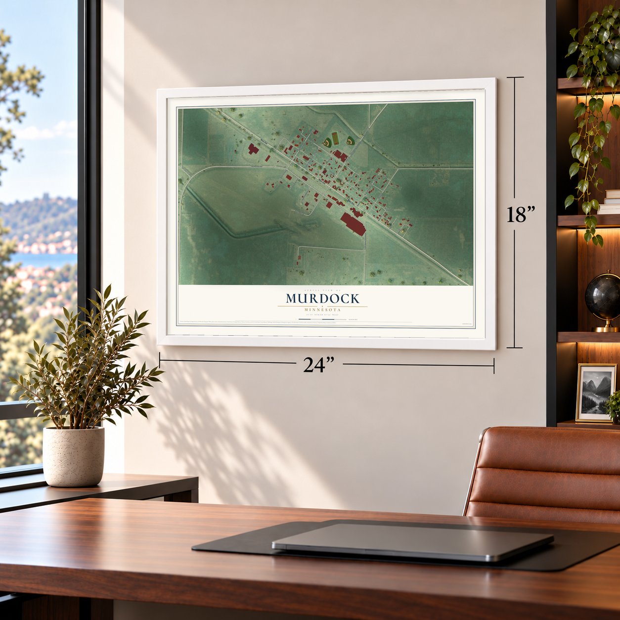 Murdock, Minnesota map, 18 x 24 inch print in a white frame in a home office