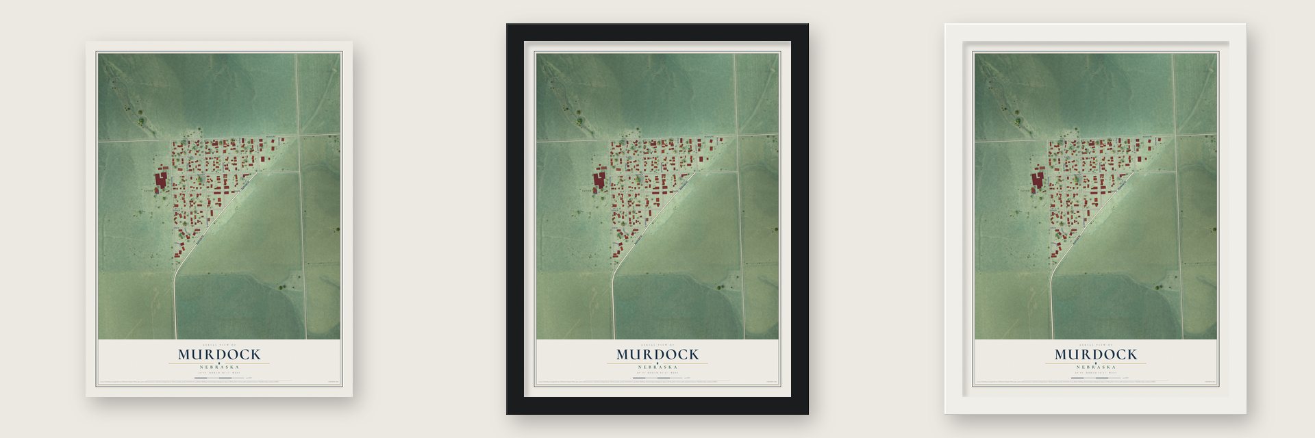 Murdock, Nebraska map unframed, in a black wood frame and in a white wood frame