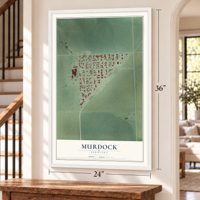 Murdock, Nebraska map, 24 x 36 inch print in a white frame by a staircase