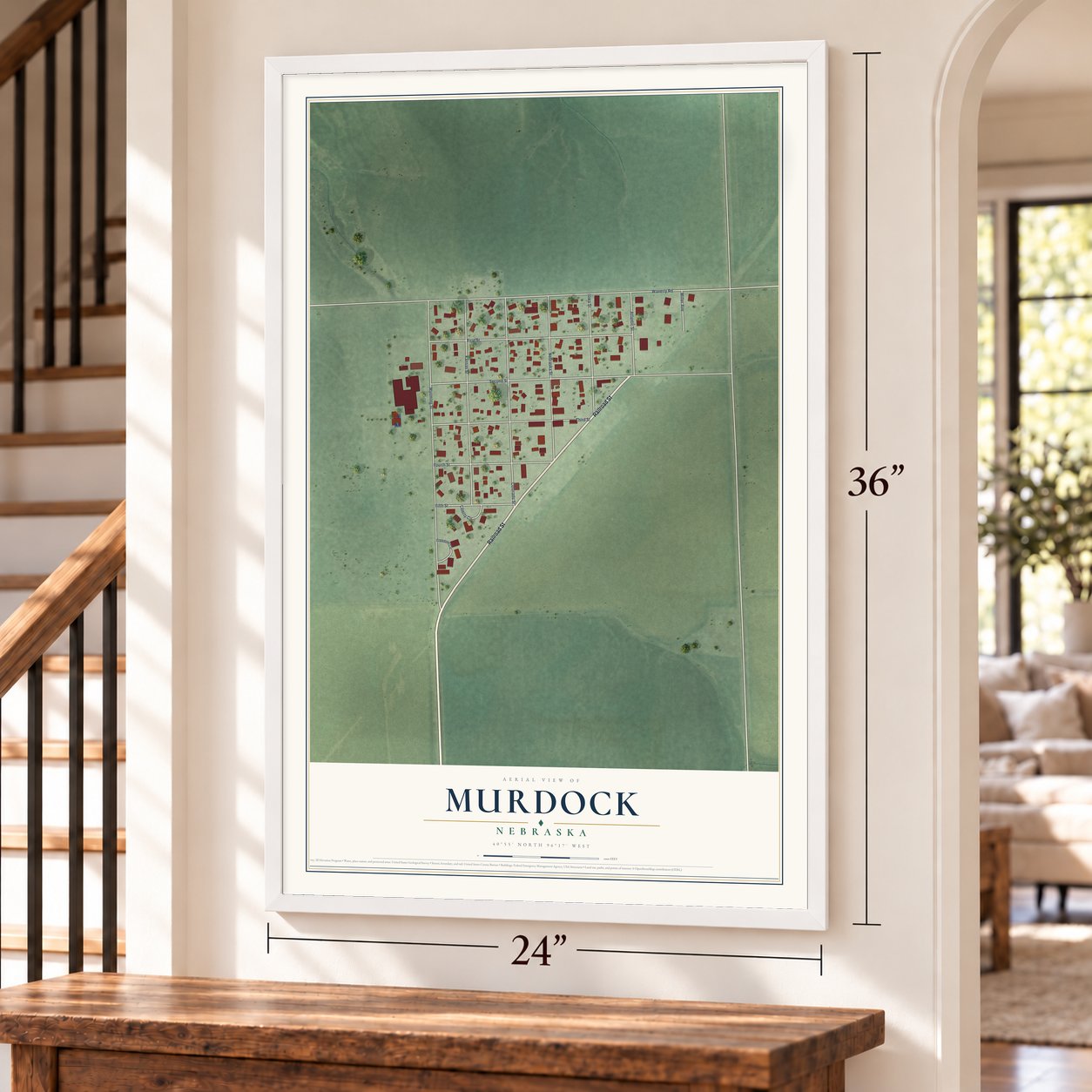 Murdock, Nebraska map, 24 x 36 inch print in a white frame by a staircase