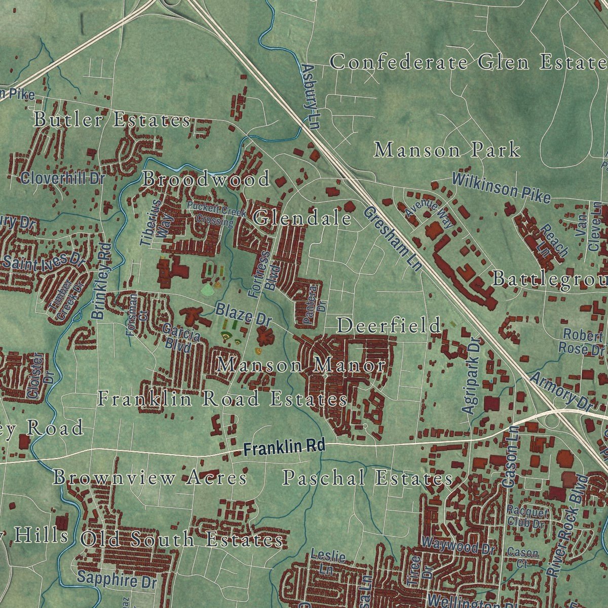 Second close-up of the map of Murfreesboro, Tennessee print showing more streets and buildings