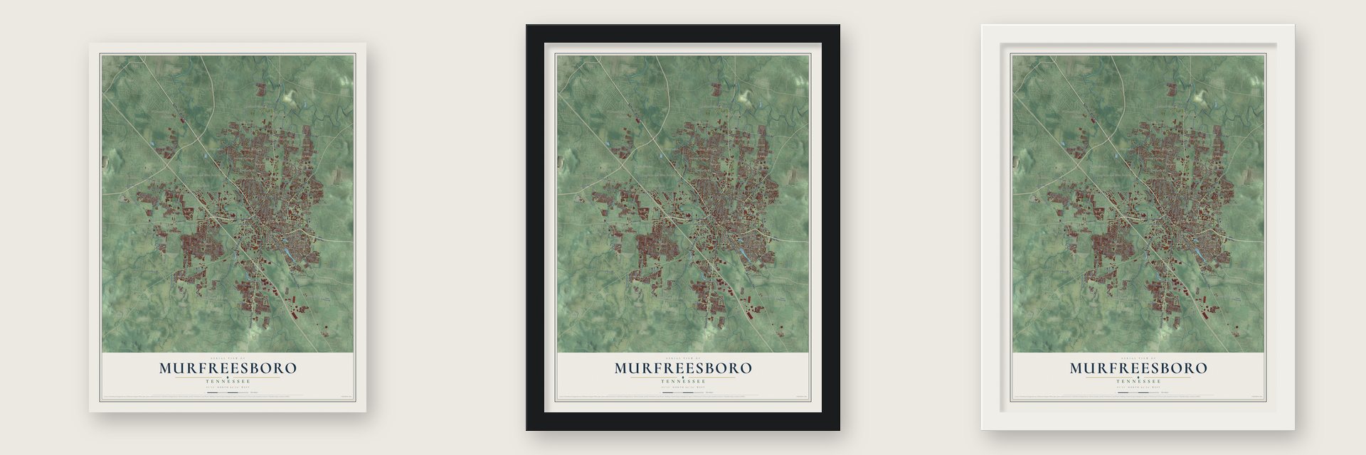 Murfreesboro, Tennessee map unframed, in a black wood frame and in a white wood frame