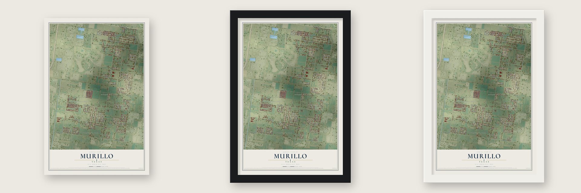 Murillo, Texas map unframed, in a black wood frame and in a white wood frame