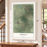 Murillo, Texas map, 24 x 36 inch print in a white frame by a staircase