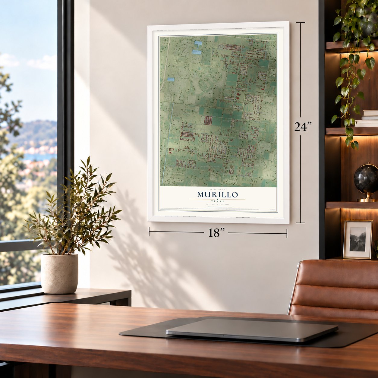 Murillo, Texas map, 18 x 24 inch print in a white frame in a home office