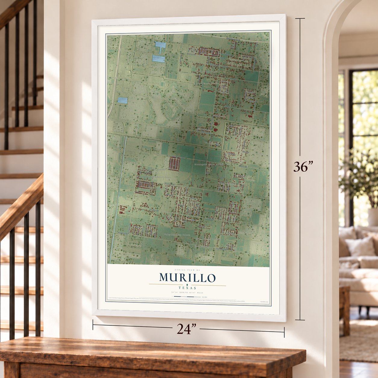 Murillo, Texas map, 24 x 36 inch print in a white frame by a staircase
