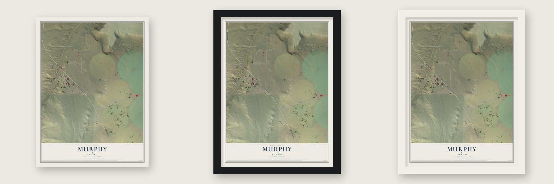 Murphy, Idaho map unframed, in a black wood frame and in a white wood frame