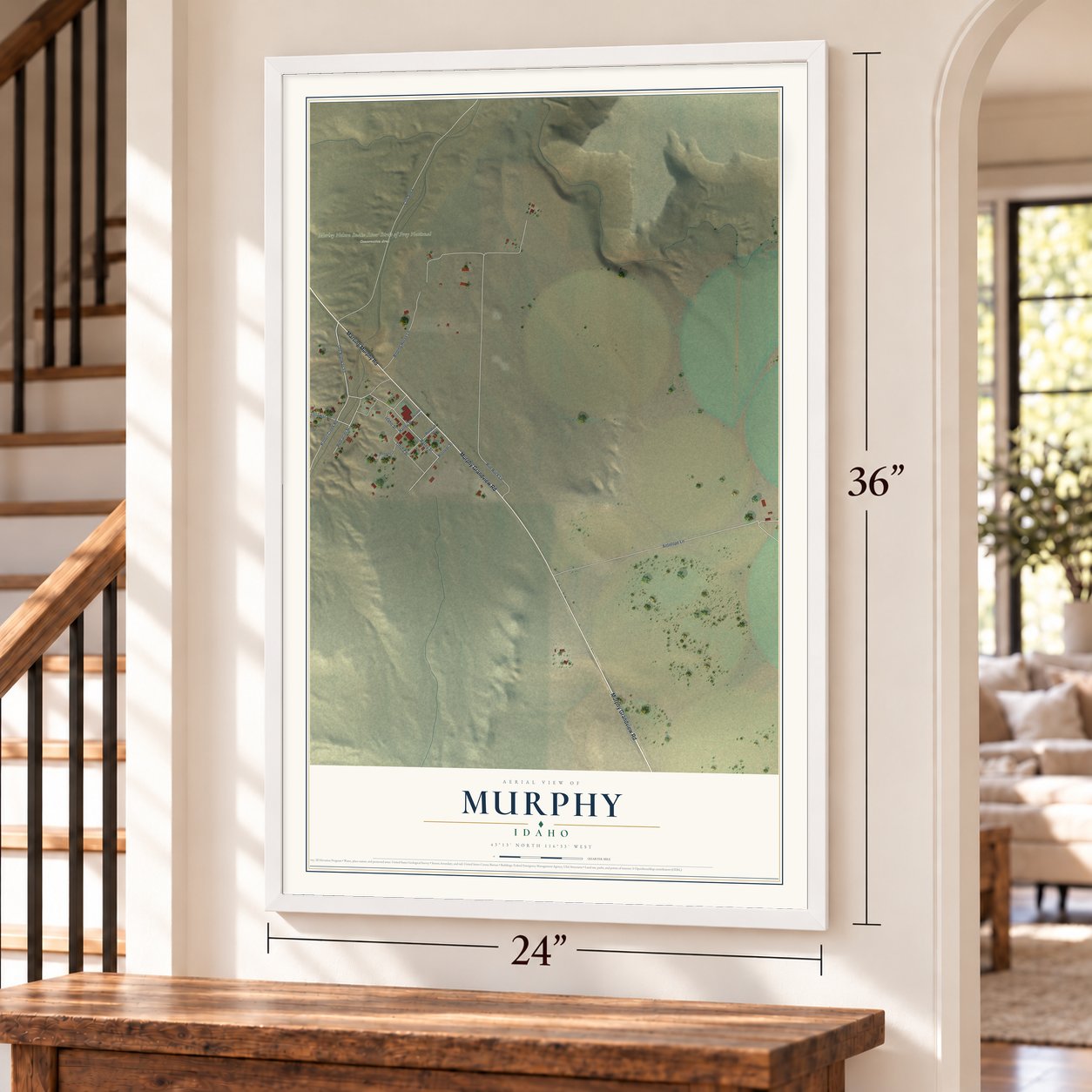 Murphy, Idaho map, 24 x 36 inch print in a white frame by a staircase