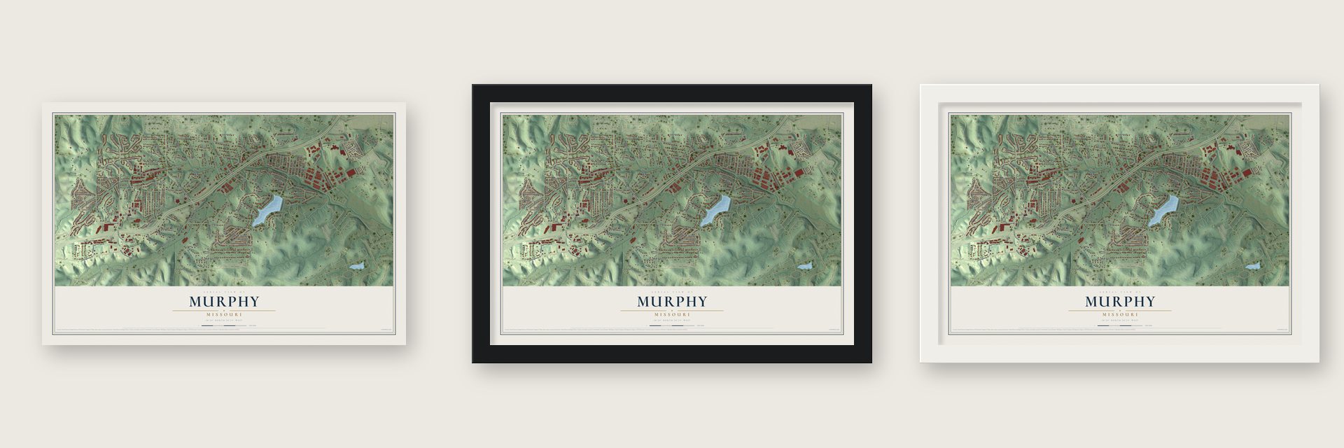 Murphy, Missouri map unframed, in a black wood frame and in a white wood frame