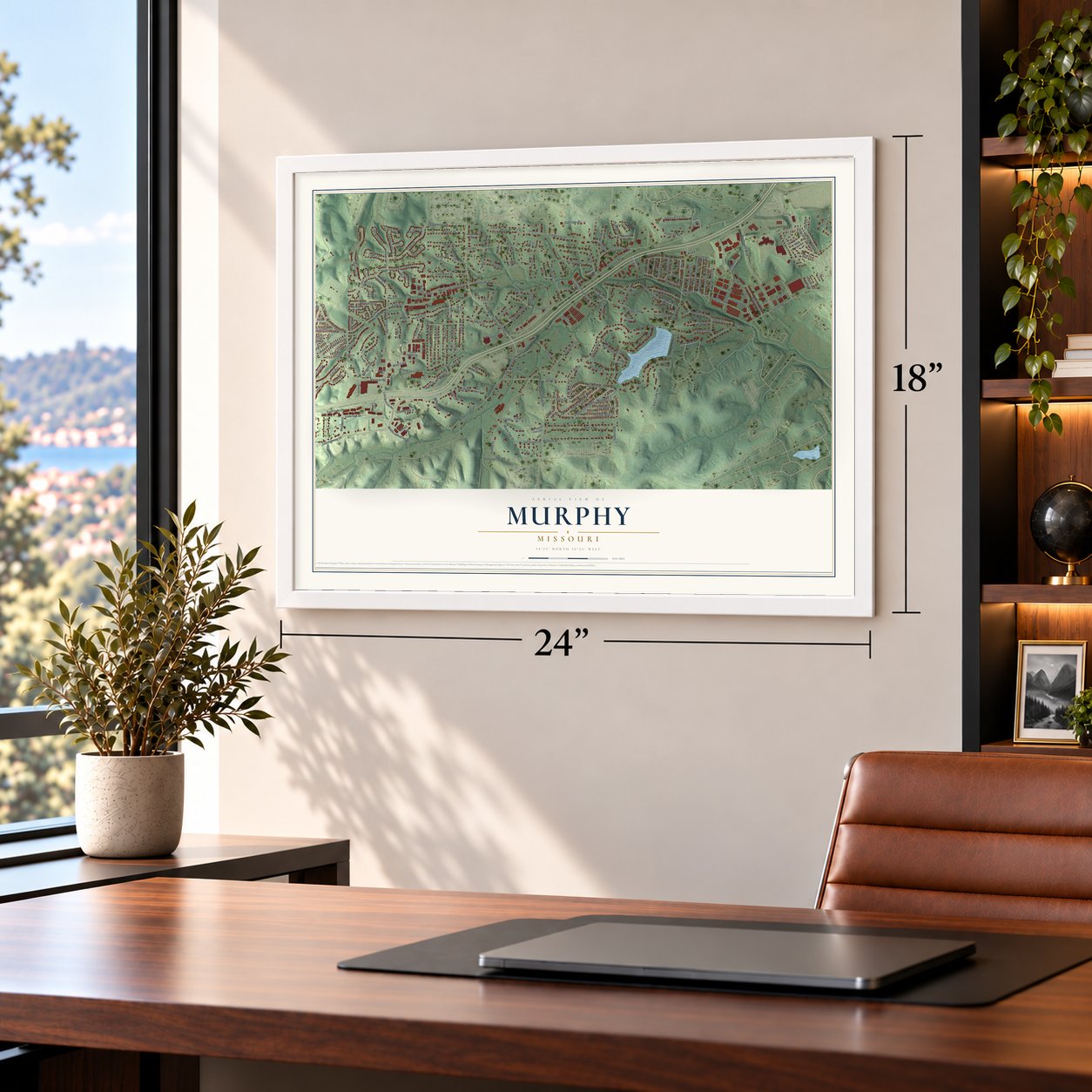 Murphy, Missouri map, 18 x 24 inch print in a white frame in a home office