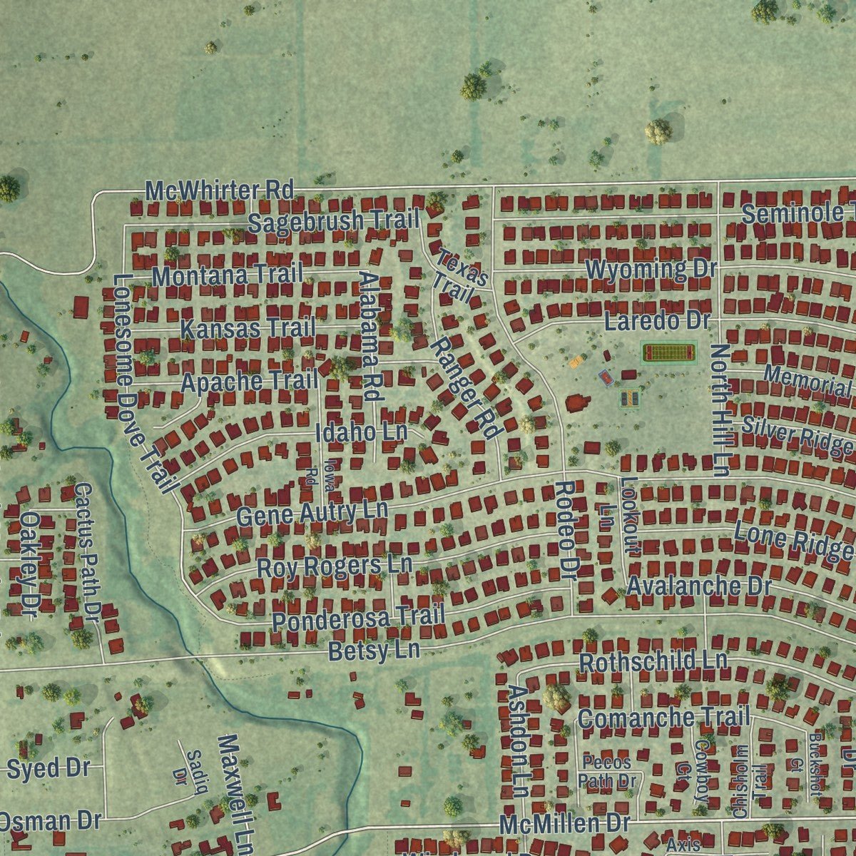 Second close-up of the map of Murphy, Texas print showing more streets and buildings
