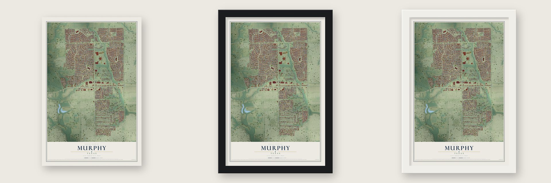 Murphy, Texas map unframed, in a black wood frame and in a white wood frame