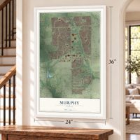 Murphy, Texas map, 24 x 36 inch print in a white frame by a staircase
