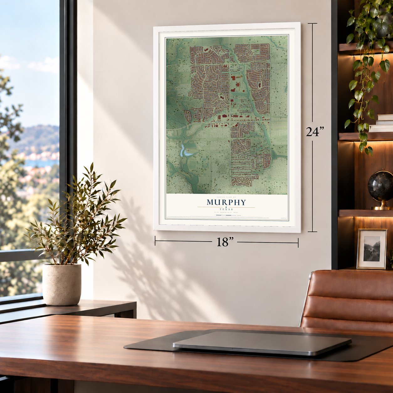 Murphy, Texas map, 18 x 24 inch print in a white frame in a home office