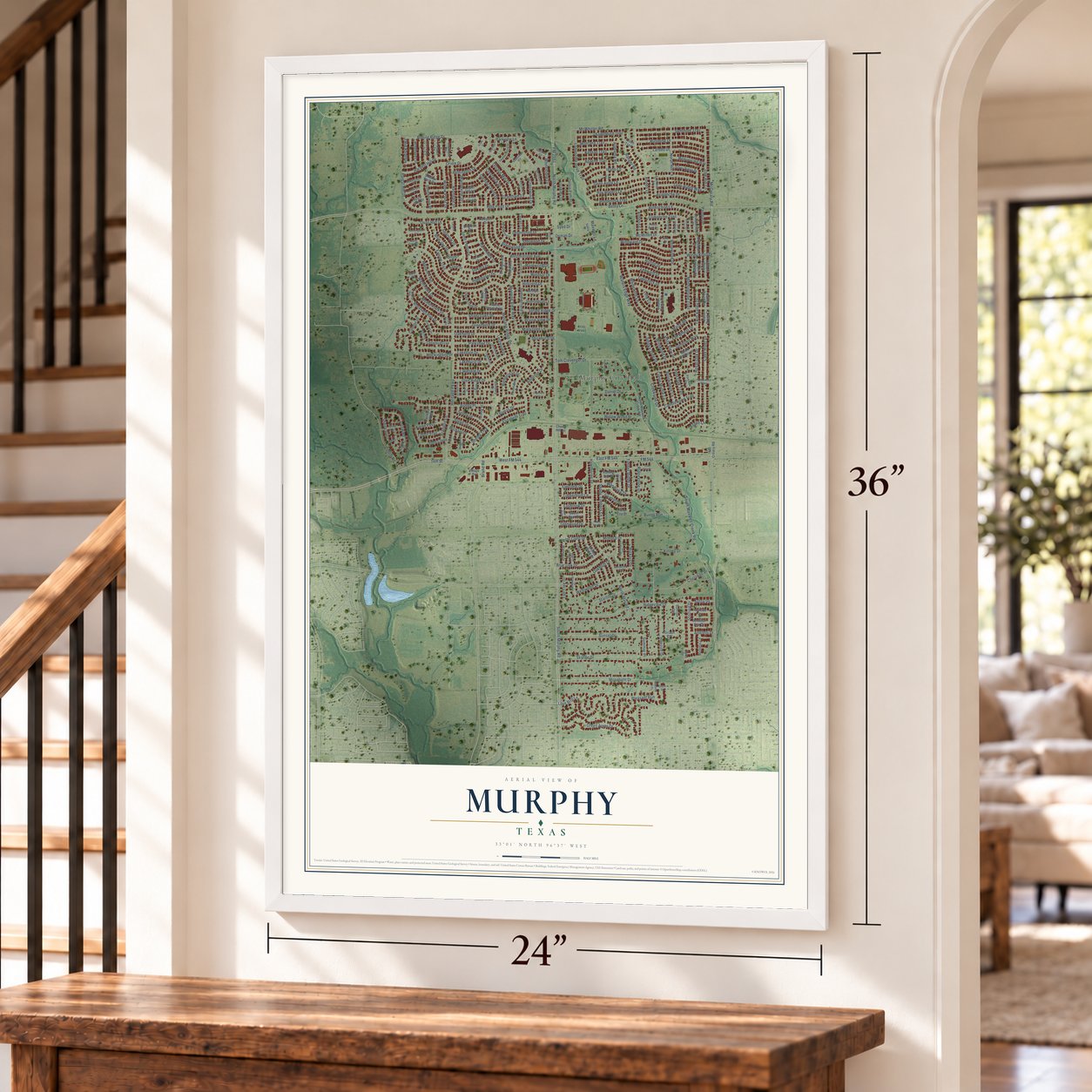 Murphy, Texas map, 24 x 36 inch print in a white frame by a staircase
