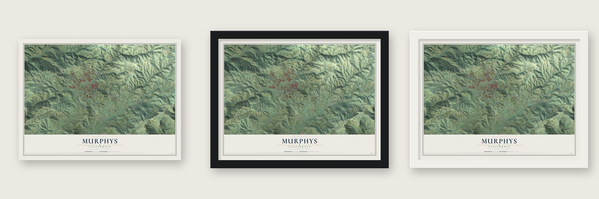 Murphys, California map unframed, in a black wood frame and in a white wood frame