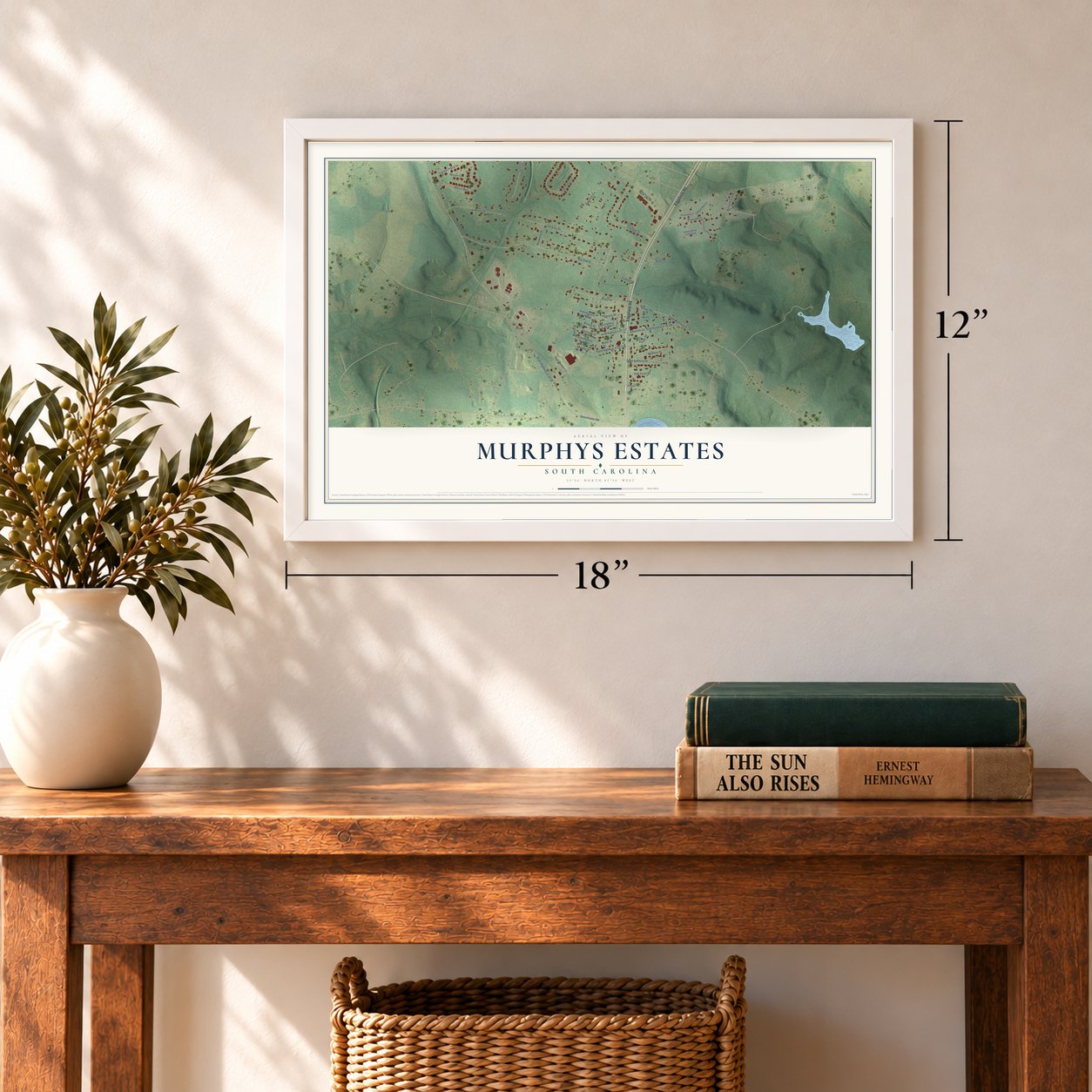 Murphys Estates, South Carolina map, 12 x 18 inch print in a white frame in an entryway