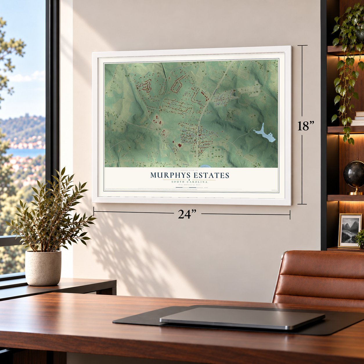 Murphys Estates, South Carolina map, 18 x 24 inch print in a white frame in a home office