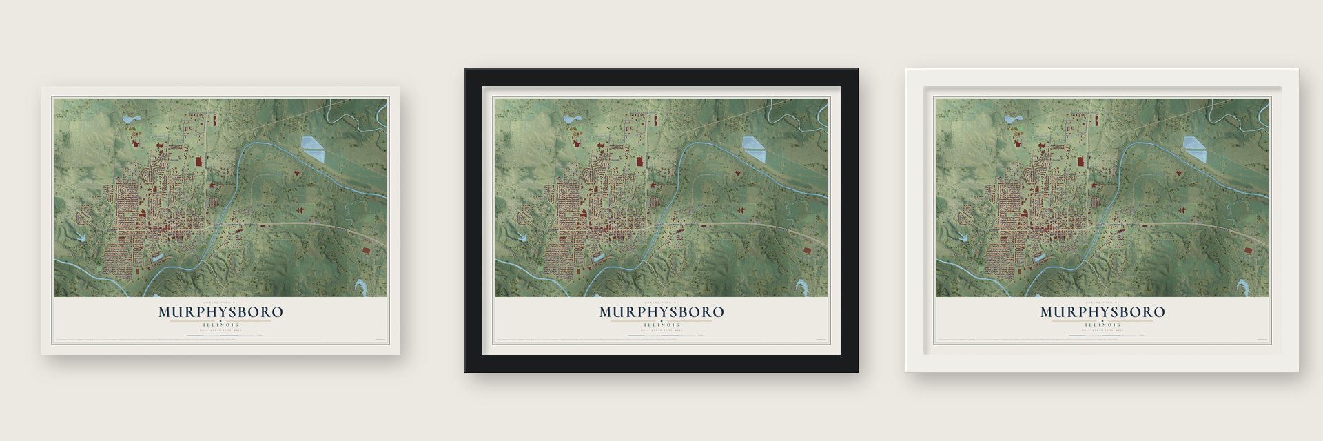 Murphysboro, Illinois map unframed, in a black wood frame and in a white wood frame