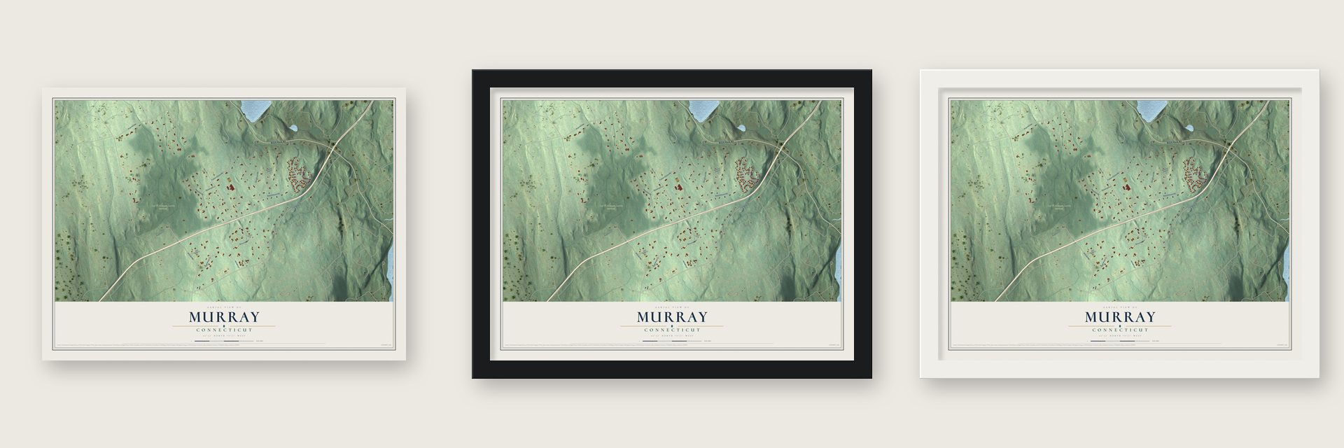 Murray, Connecticut map unframed, in a black wood frame and in a white wood frame