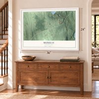 Murray, Connecticut map, 24 x 36 inch print in a white frame above a dresser by a staircase