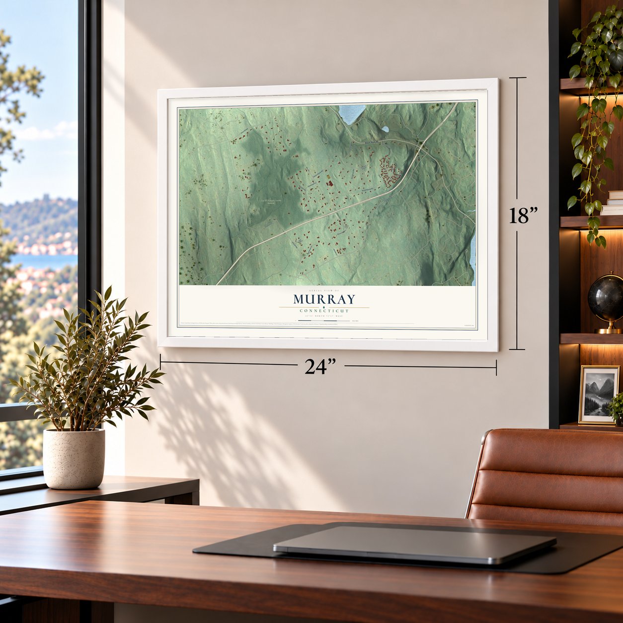 Murray, Connecticut map, 18 x 24 inch print in a white frame in a home office