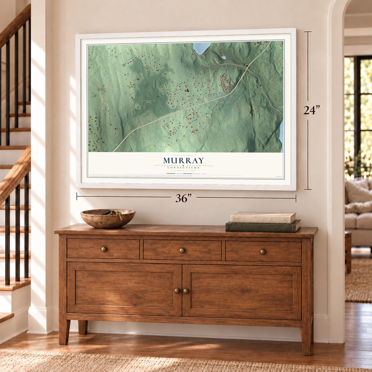 Murray, Connecticut map, 24 x 36 inch print in a white frame above a dresser by a staircase