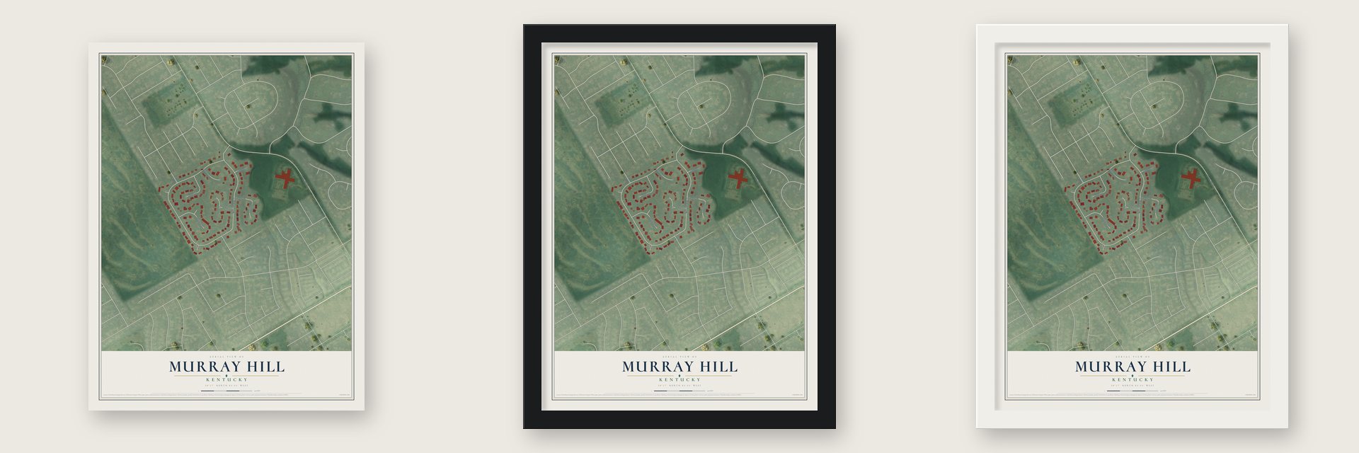 Murray Hill, Kentucky map unframed, in a black wood frame and in a white wood frame