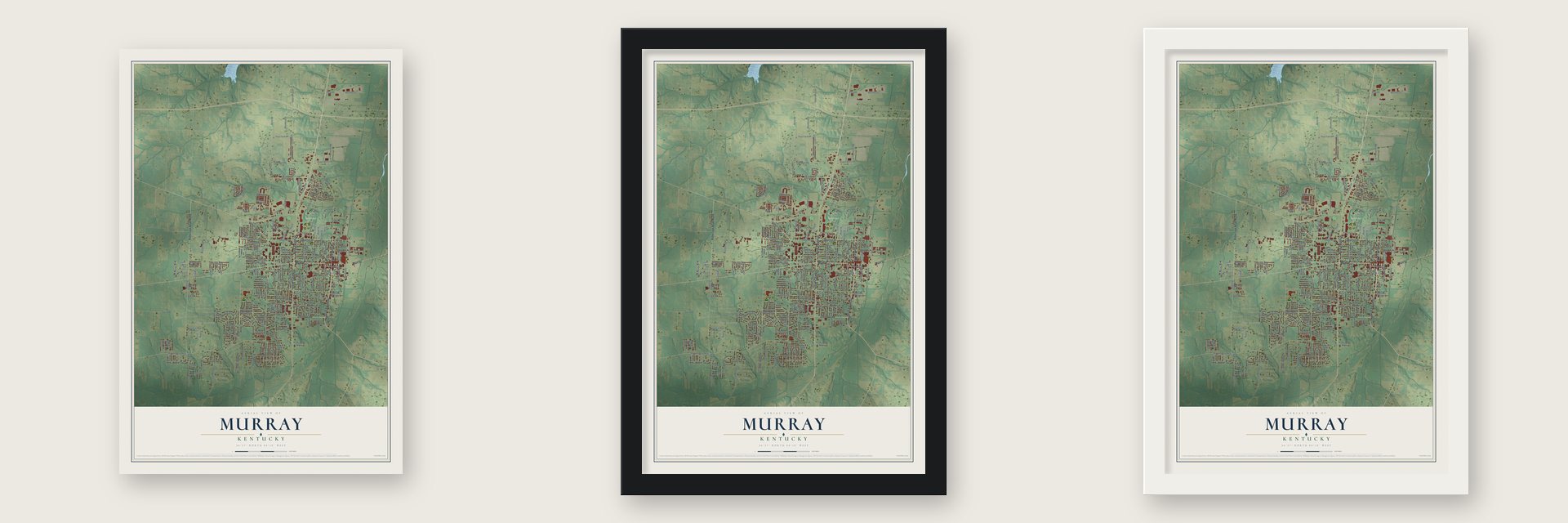 Murray, Kentucky map unframed, in a black wood frame and in a white wood frame