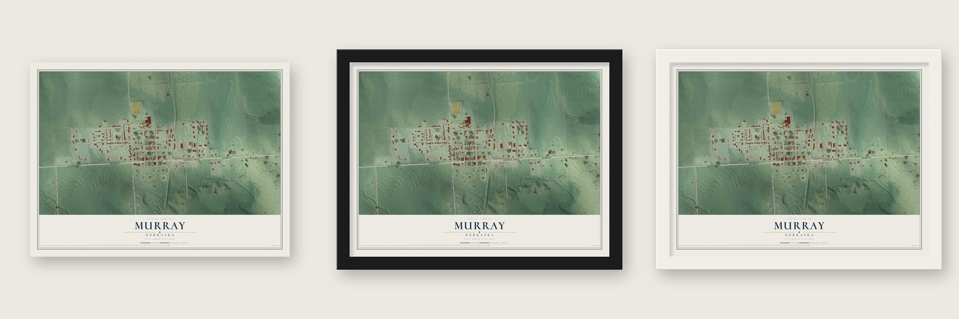 Murray, Nebraska map unframed, in a black wood frame and in a white wood frame