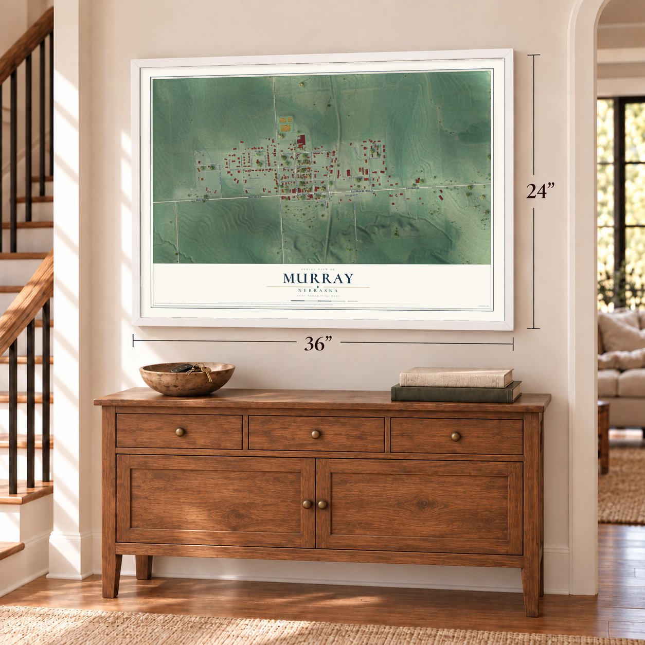Murray, Nebraska map, 24 x 36 inch print in a white frame above a dresser by a staircase