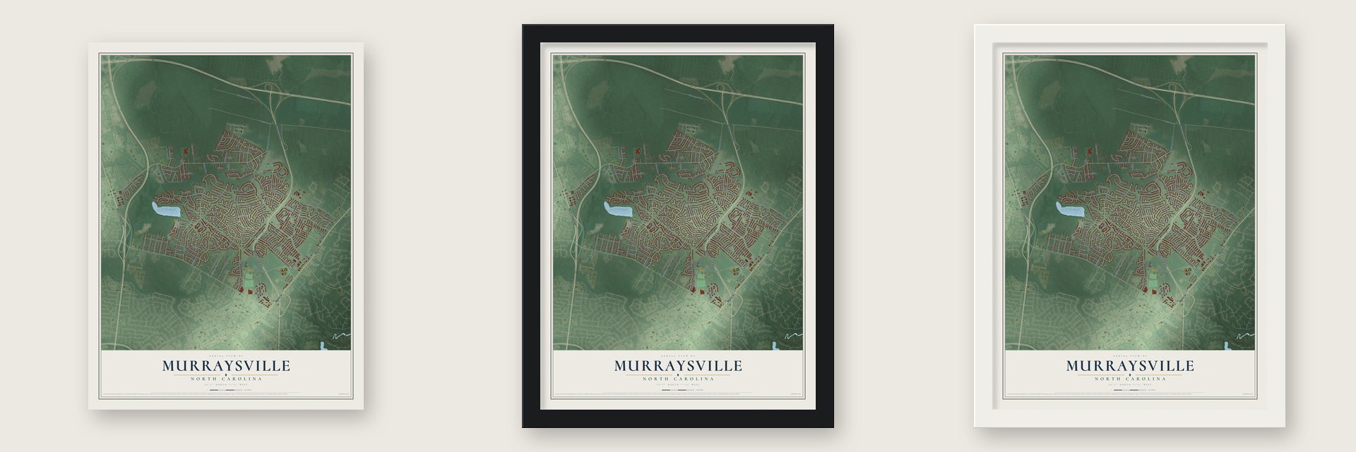 Murraysville, North Carolina map unframed, in a black wood frame and in a white wood frame