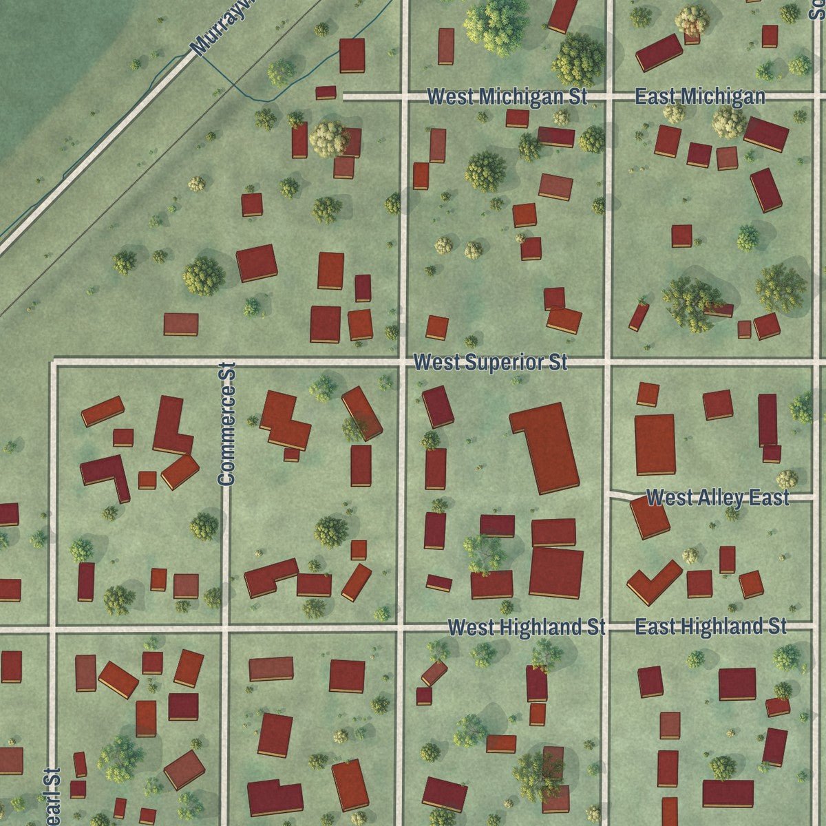 Second close-up of the map of Murrayville, Illinois print showing more streets and buildings