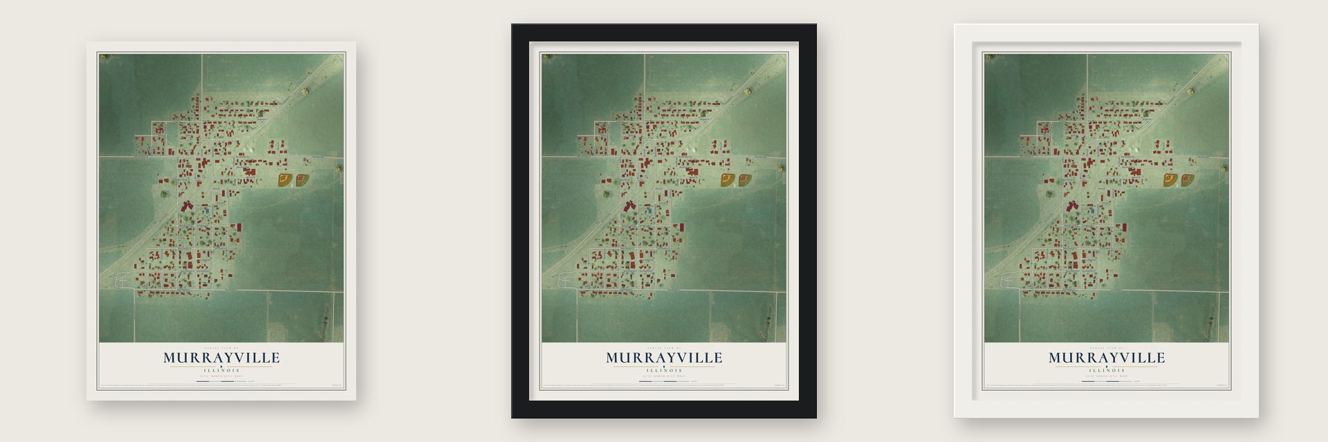 Murrayville, Illinois map unframed, in a black wood frame and in a white wood frame