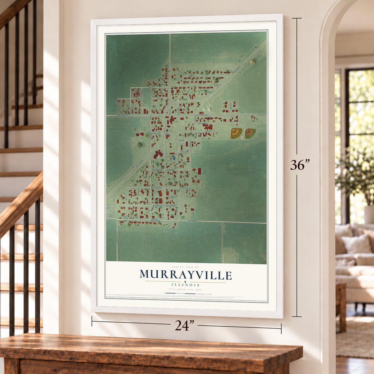 Murrayville, Illinois map, 24 x 36 inch print in a white frame by a staircase