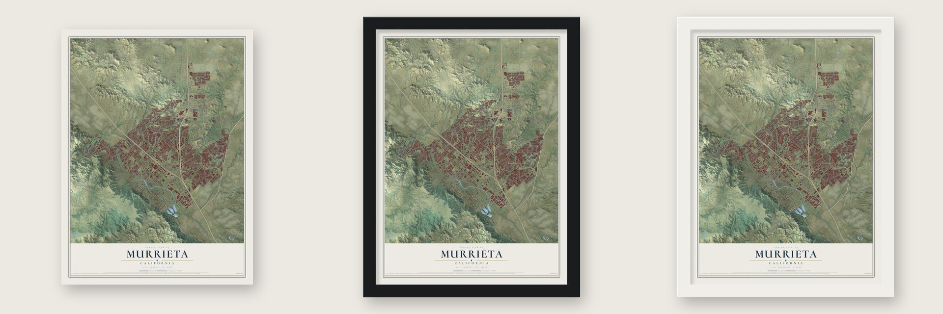 Murrieta, California map unframed, in a black wood frame and in a white wood frame