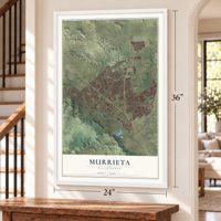 Murrieta, California map, 24 x 36 inch print in a white frame by a staircase