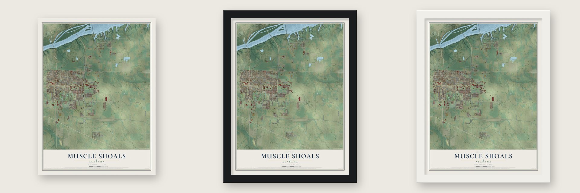 Muscle Shoals, Alabama map unframed, in a black wood frame and in a white wood frame