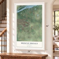 Muscle Shoals, Alabama map, 24 x 36 inch print in a white frame by a staircase