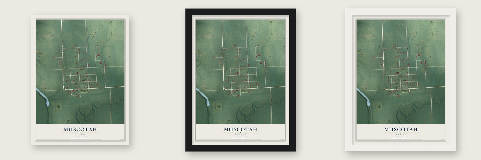 Muscotah, Kansas map unframed, in a black wood frame and in a white wood frame