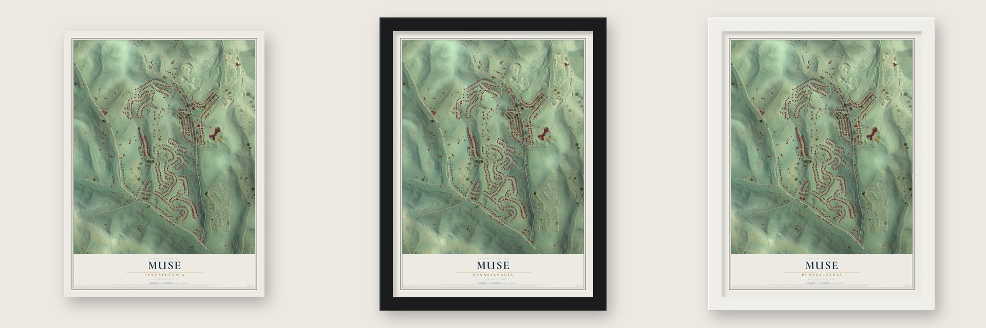 Muse, Pennsylvania map unframed, in a black wood frame and in a white wood frame