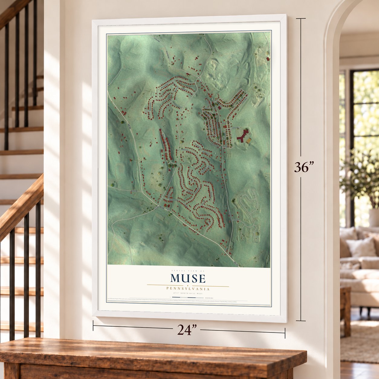 Muse, Pennsylvania map, 24 x 36 inch print in a white frame by a staircase