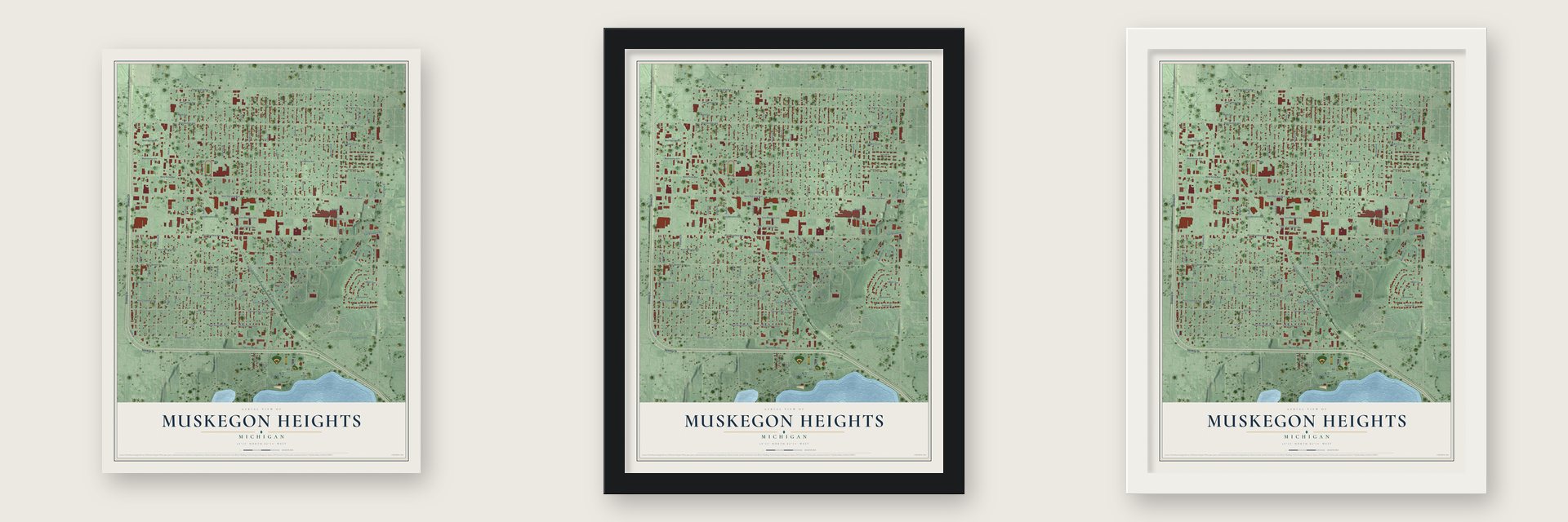 Muskegon Heights, Michigan map unframed, in a black wood frame and in a white wood frame