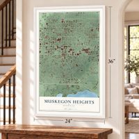 Muskegon Heights, Michigan map, 24 x 36 inch print in a white frame by a staircase
