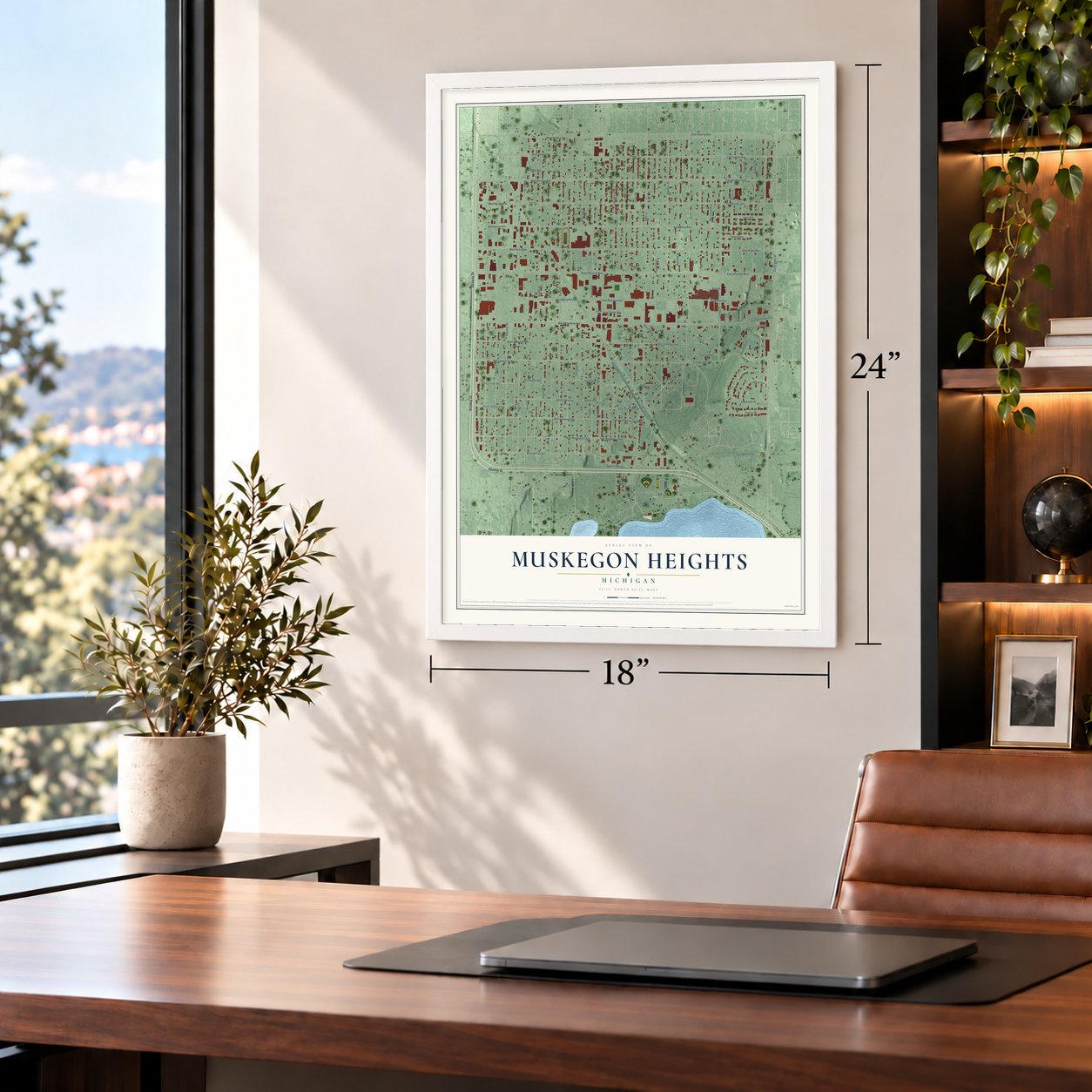 Muskegon Heights, Michigan map, 18 x 24 inch print in a white frame in a home office
