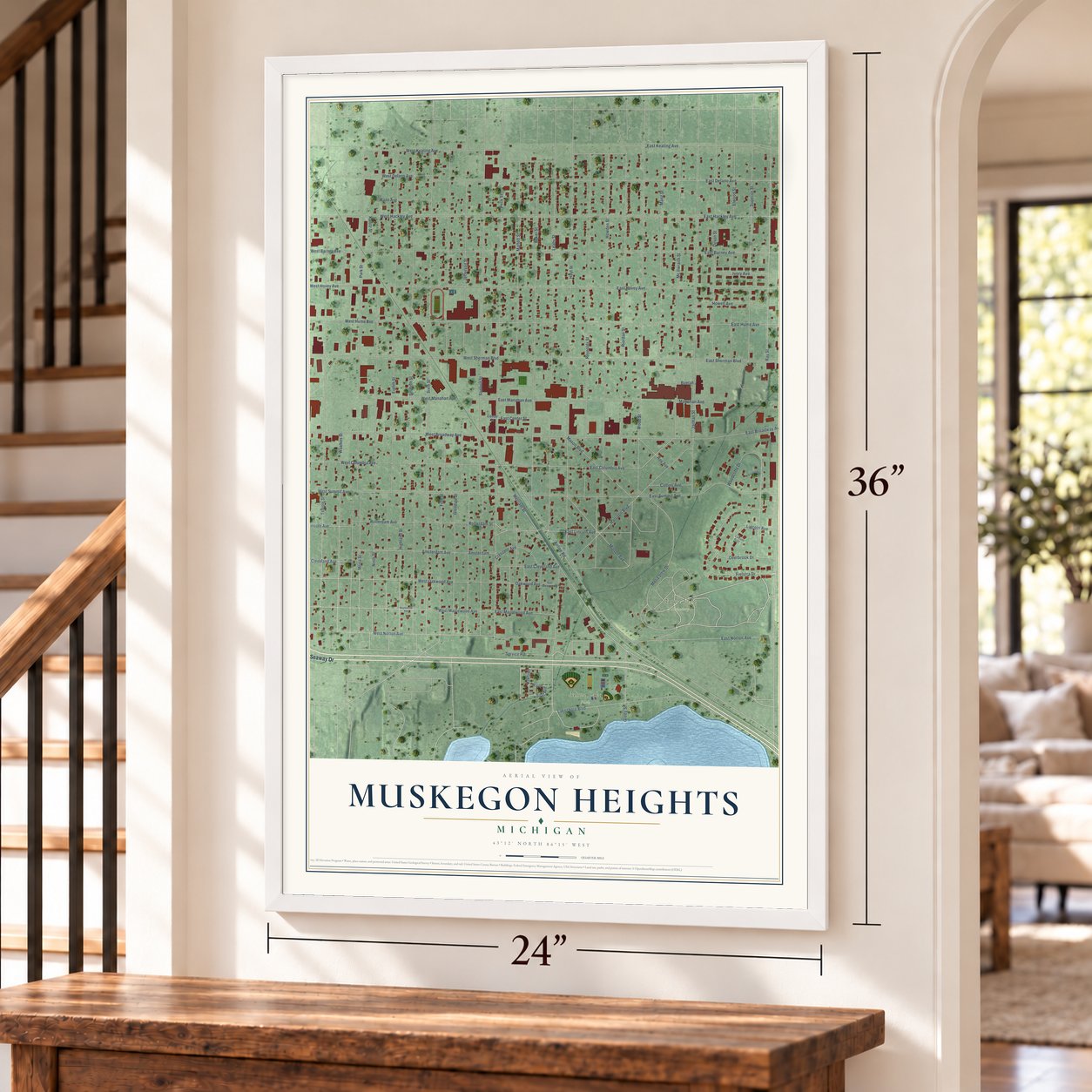 Muskegon Heights, Michigan map, 24 x 36 inch print in a white frame by a staircase