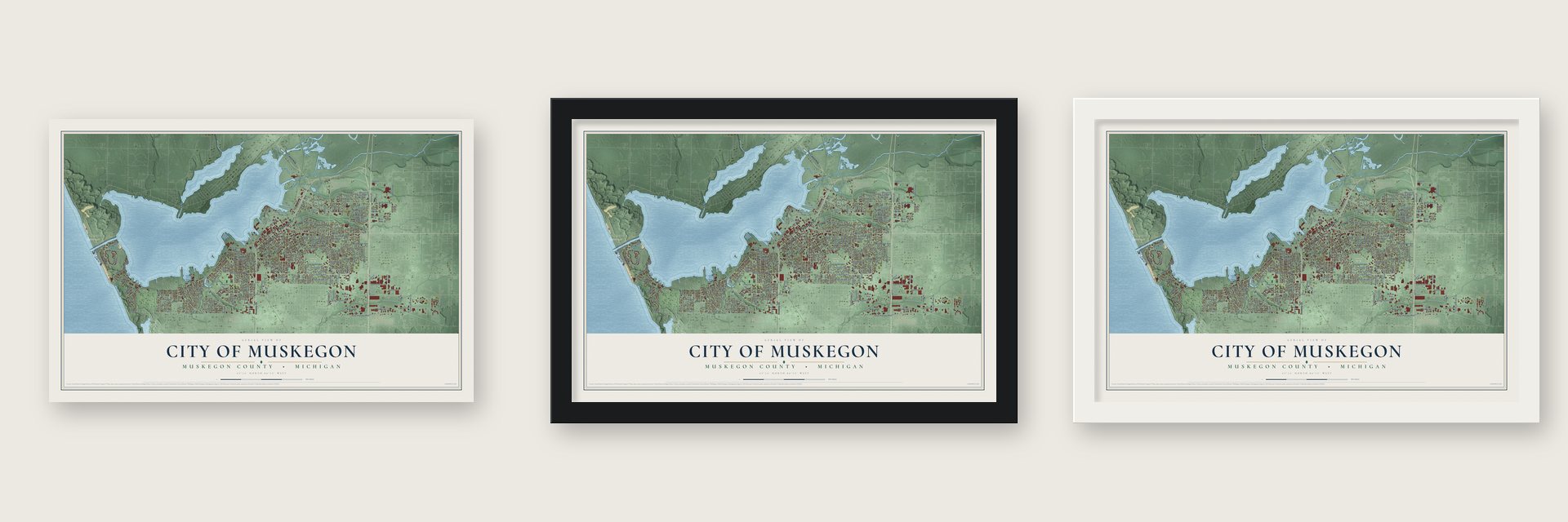Muskegon, Michigan map unframed, in a black wood frame and in a white wood frame