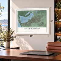Muskegon, Michigan map, 18 x 24 inch print in a white frame in a home office