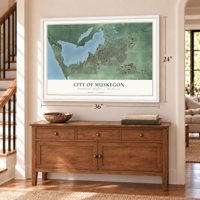Muskegon, Michigan map, 24 x 36 inch print in a white frame above a dresser by a staircase