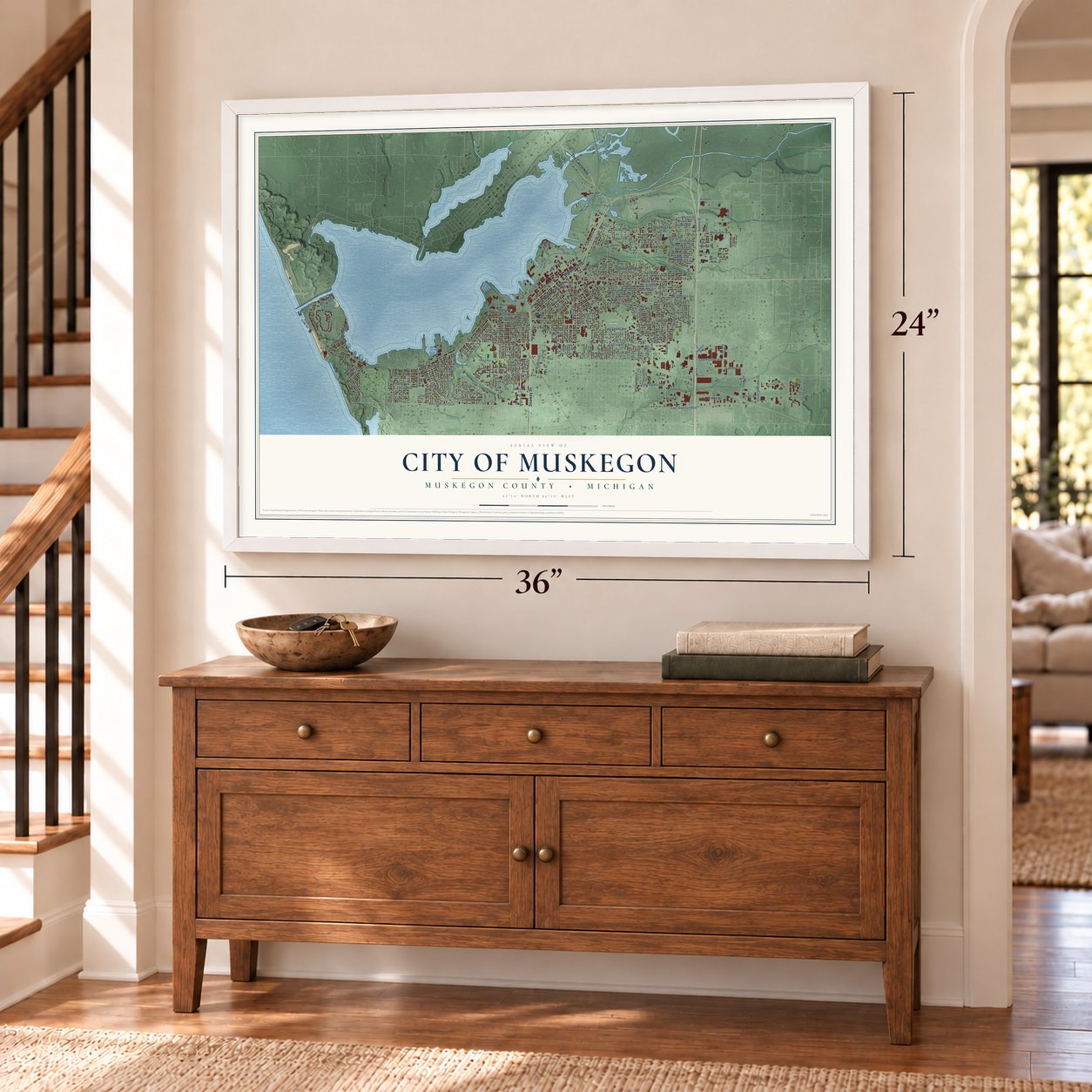 Muskegon, Michigan map, 24 x 36 inch print in a white frame above a dresser by a staircase